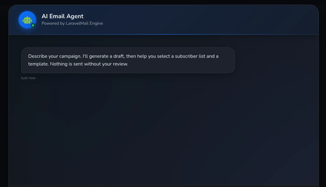 Laravel Mail AI Email Agent interface explaining the draft and review flow