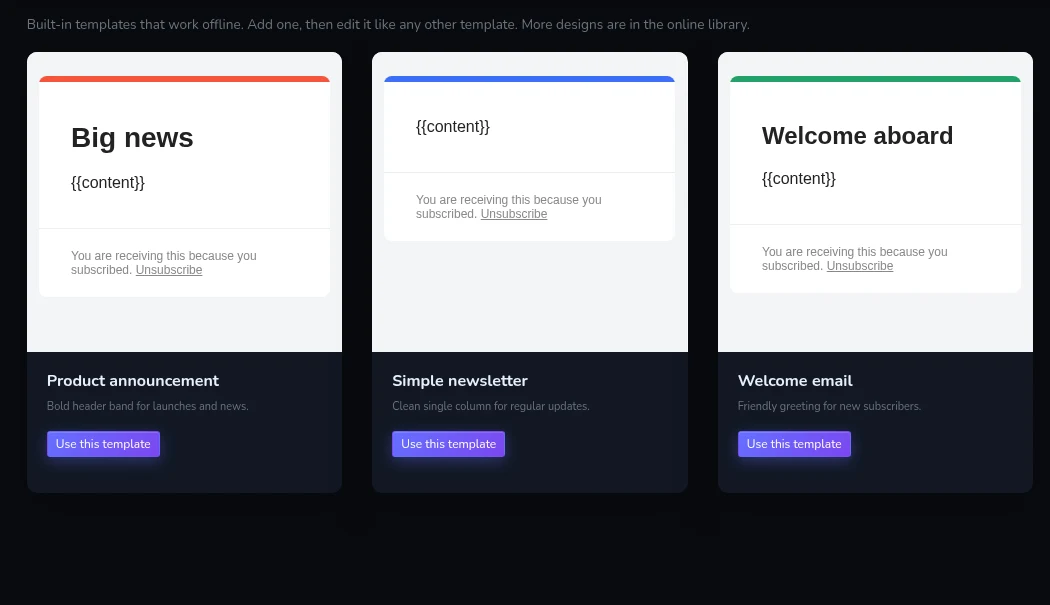 Laravel Mail starter template library with announcement, newsletter and welcome designs