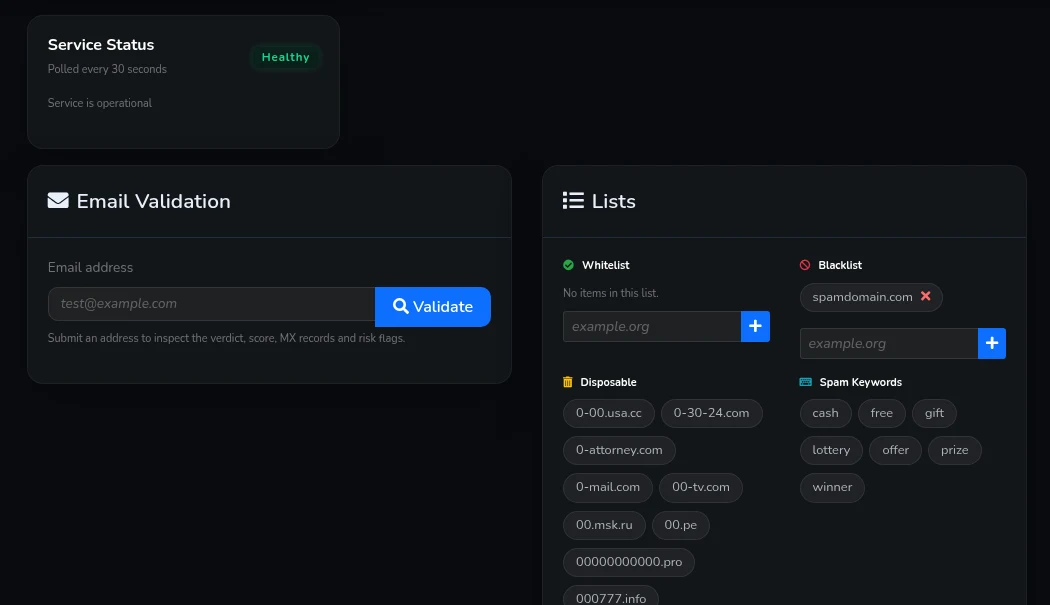 Laravel Mail email validation screen with health status, address checker and domain lists