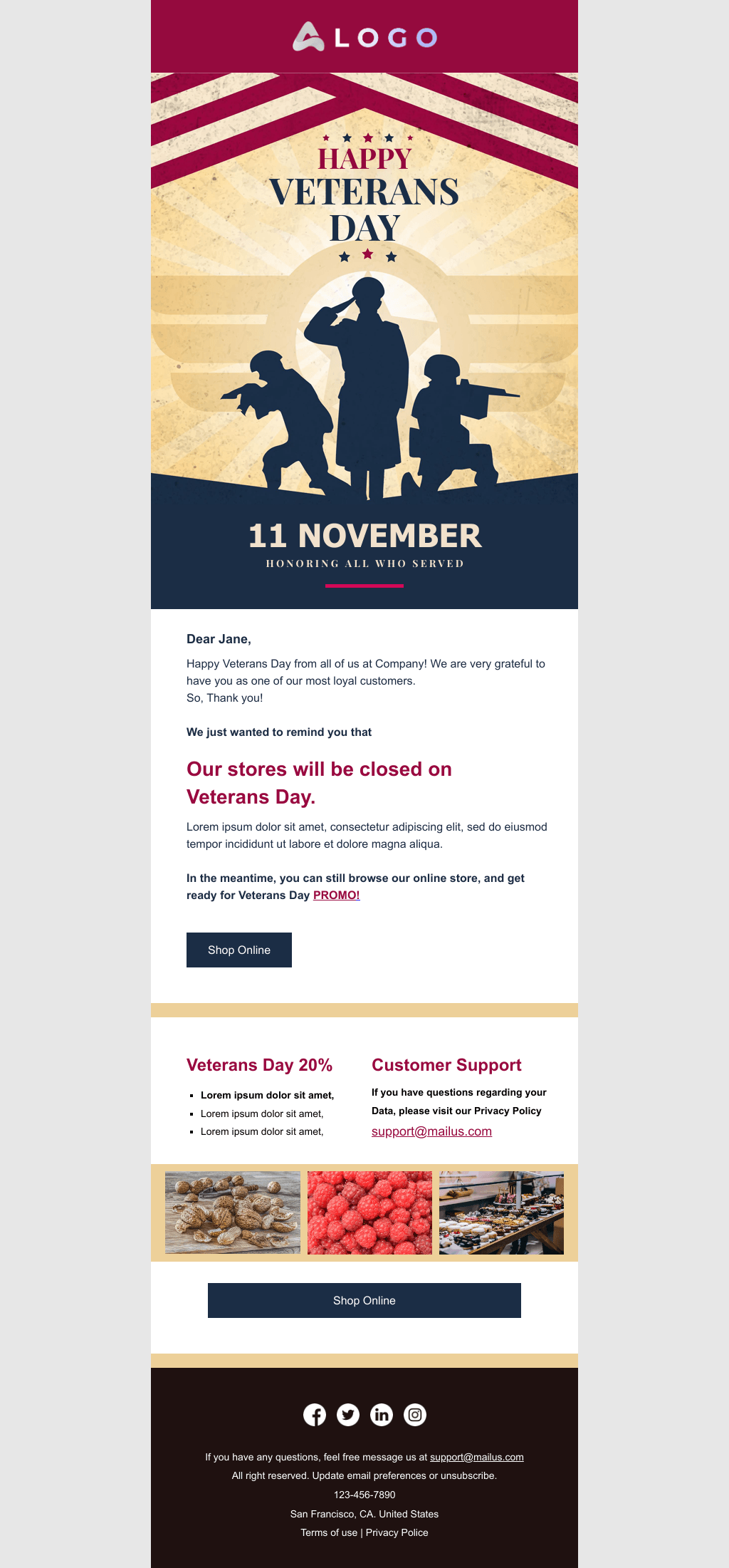 Laravel Mail Template - Veterans Day Holiday Announcement